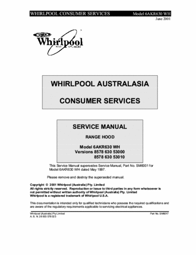 whirlpool 6AKR630WH_Ver857863053000 & 53010 whirlpool 6AKR630WH_Ver857863053000 & 53010 service manual